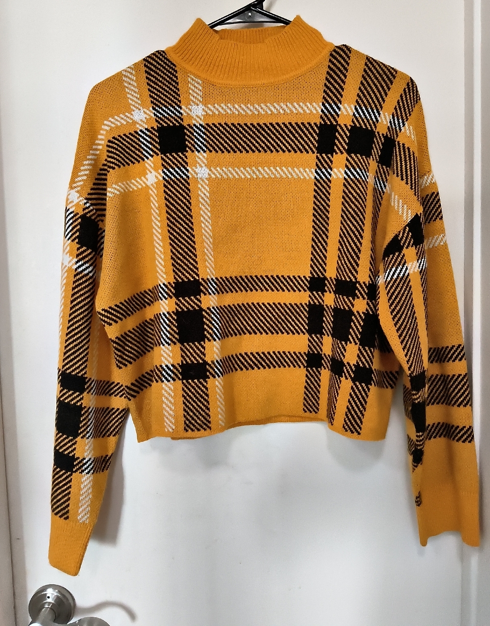 H&M Divided Mustard Plaid Turtleneck Sweater with Black & White Accents